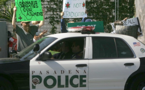 Medical marijuana activists protest outside a meeting of police and prosecutors in Montebello. (Photo by Bob Chamberlin)